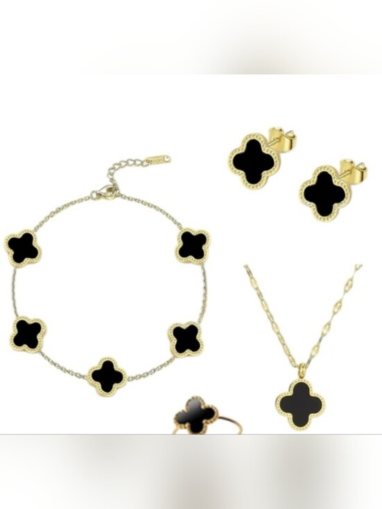 Jewelry - Gold Plated Over Stainless Steel Clover Onyx Necklace, Bracelet,Earrings & Ring